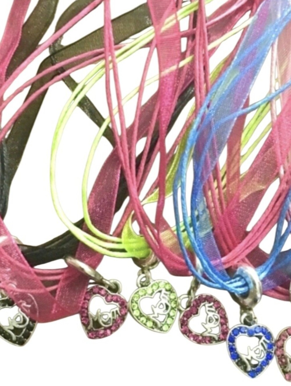 MOM Heart Crystal Pendant Ribbon Necklace Bright Neon Fluorescent Mothers Gift - Picture 5 of 16